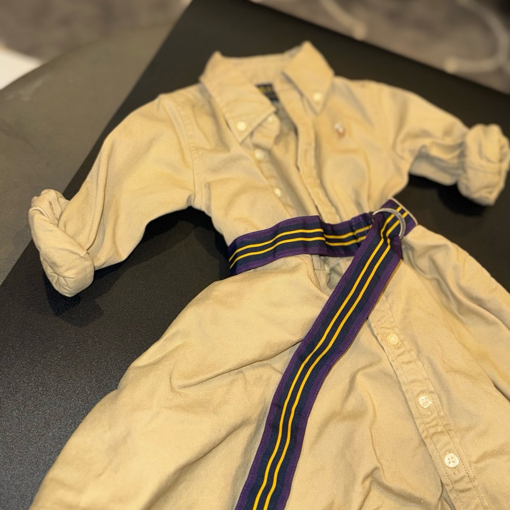 Polo Ralph Lauren Tan Shirt Dress with Purple Belt - Picture 3 of 4